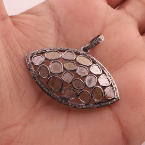 1 Pc Pave Diamond With Rose Cut Eye Pendant - 925 Sterling Silver - Necklace Pendant 28mmx42mm PD508