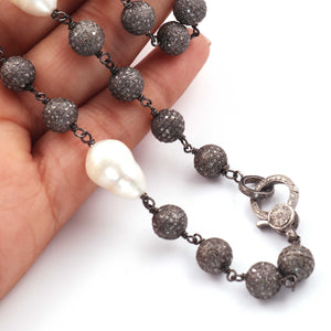 Pave Diamond balls with Pearl  Beaded Necklace - Necklace With Lobster - Long Knotted Beads Necklace - Diamond balls Necklace (Without Pendant) BN046
