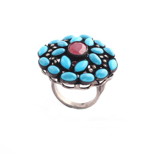 1 PC Beautiful Pave Diamond Turquoise Ring Center In Ruby - 925 Sterling Silver - Gemstone Ring Size -7 RD040