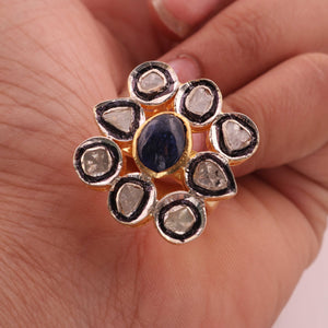 1 PC Pave Diamond with Rose Cut Diamond Center in Tanzanite Ring  - 925 Sterling Vermeil- Polki Ring Size-7 Rd325