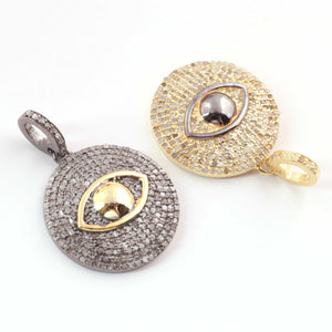 1 Pc Pave Diamond Evil Eye with Round Charm Pendant - 925 Sterling Silver & Yellow Gold Vermeil-Evil Eye with Round Pendant 22mmx20mm PD1744