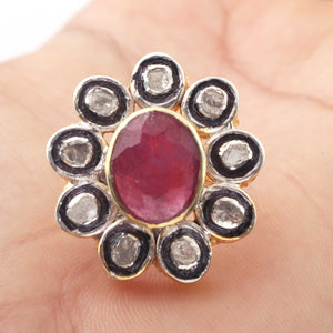 1 PC Beautiful Pave Diamond with Rose Cut Diamond Center in Ruby Ring  - Sterling Vermeil- Flower Polki Ring Size-7 Rd234