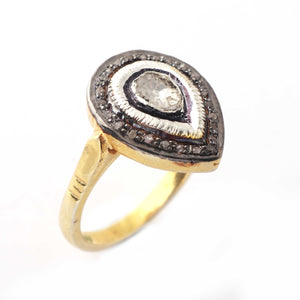 1 PC Pave Diamond Ring Center in Rose Cut Diamond - 925 Sterling Vermeil- Pear Polki Ring Size-9 Rd28