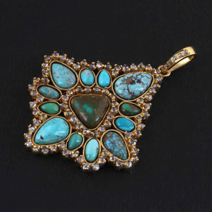 1 Pc Antique Finish Double Cut Diamond With Turquoise Designer Pendant - Yellow Gold - Necklace Pendant 46mmx41mm PD1716