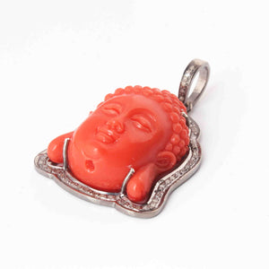 1 Pc Pave Diamond Coral Resin Carved Buddha Head Pendant Over 925 Sterling Silver 36mmx25mm PD1990