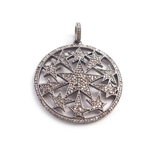 1 PC Pave Diamond Designer Round With Star Pendant - 925 Sterling Silver- Yellow Gold- Diamond Pendant 30mmx34mm PD1884
