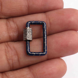 1 Pc Pave Diamond  Rectangle Blue Enemel Carabiner- 925 Sterling Silver- Diamond Lock with Screw On Mechanism 21mmx14mm CB067
