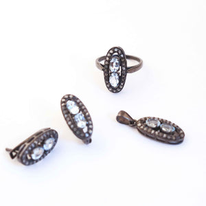 Pave Diamond With Aquamarine Jewelry Set - Genuine Tourmaline Pendant-Stud Earrings-Ring- 925 Sterling Silver PD523