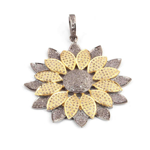 1 Pc Antique Finish Pave Diamond Designer Flower Pendant - 925 Sterling Silver- Necklace Two Tone Pendant 47mmx43mm PD1423