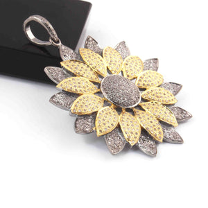 1 Pc Antique Finish Pave Diamond Designer Flower Pendant - 925 Sterling Silver- Necklace Two Tone Pendant 47mmx43mm PD1423