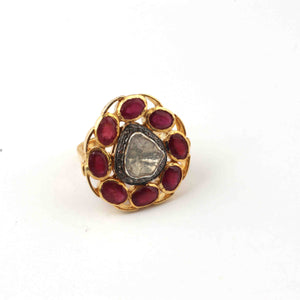1 PC Beautiful Pave Diamond with Ruby  Center in Rose Cut Diamond Ring  - Sterling Vermeil- Flower Polki Ring Size-8 RD160