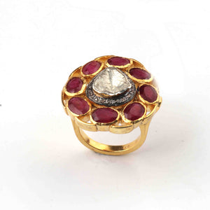 1 PC Beautiful Pave Diamond with Ruby  Center in Rose Cut Diamond Ring  - Sterling Vermeil- Flower Polki Ring Size-8 RD160