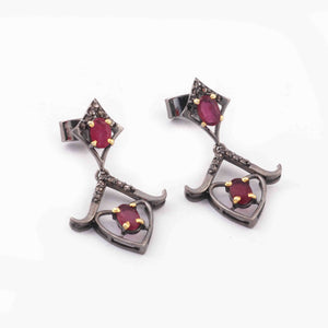1 Pair Pave Diamond Ruby Earrings Studs With Back Stoppers - 925 Sterling Silver - 33mmx19mm ED628