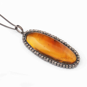 1 Pc Pave Diamond  Amber Oval Pendant Over 925 Sterling Silver - Gemstone Pendant 65mmx28mm PD1897