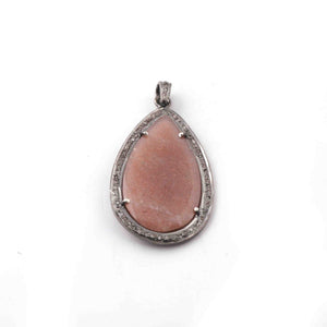 1 Pc Antique Finish Pave Diamond Sunstone Pear Drop Pendant - 925 Sterling Silver - Necklace Pendant PD1804