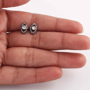 1 Pair Pave Diamond With Rainbow Moonstone Evil Eye Stud Earrings With Stopper - 925 Sterling Silver 10mmx06mm ED089