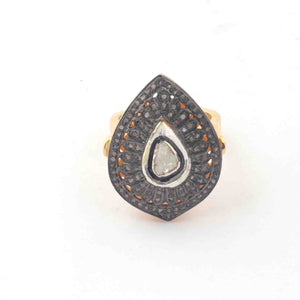 1 PC Pave Diamond Finest Quality Rose Cut Diamond Ring - 925 Sterling Vermeil - Pear Shape Polki - Size-9 RD417