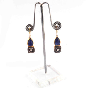 1 Pair Antique Finish  Polki Diamond Tenzenite Hoop Earrings - 925 Sterling Vermeil - Polki Earrings - 26mmx9mm ED647