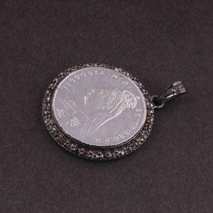 1 Pc Pave Diamond Victoria Coin Pendant - 925 Sterling Silver- Round Pendant 29mmx26mm PD2007