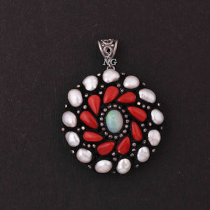 1 Pc Pave Diamond Genuine Pearl & Coral Center In  Ethiopian Opal Pendant -925 Sterling Silver -Gemstone Necklace Pendant 44mmx41mm PD1836