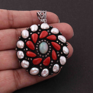 1 Pc Pave Diamond Genuine Pearl & Coral Center In  Ethiopian Opal Pendant -925 Sterling Silver -Gemstone Necklace Pendant 44mmx41mm PD1836