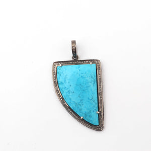 1 Pc Antique Finish Pave Diamond With Turquoise Fancy Shape Pendant - 925 Sterling Silver - Necklace Pendant 43mmx26mm PD1863