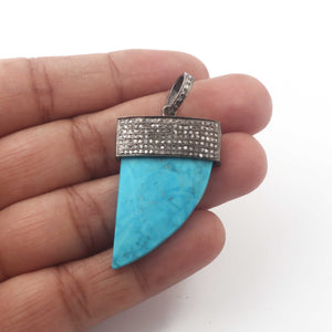 1 Pc Pave Diamond Turquoise Horn Shape Pendant Over 925 Sterling Silver - Turquoise Necklace Pendant 37mmx23mm PD1866