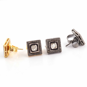 1 Pair Pave Diamond With Rose cut Diamond Antique Finish Stud Earrings - 925 Sterling Silver/ Vermeil - Polki Stud Earrings 10mm ED053