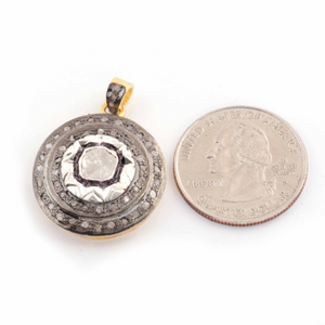 1 PC Pave Diamond With Rose Cut Diamond Round Pendant - 925 Sterling Vermeil - Polki Pendant 29mmx24mm PD598
