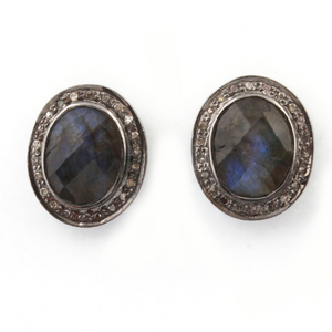 1 Pair Pave Diamond Beautiful Labradorite Oval Stud Earrings - 925 Sterling Silver Studs With Back Stoppers 14mmx12mm ED055