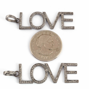 1 Pc Antique Finish Pave Diamond Designer Love Pendant - 925 Sterling Silver- Necklace Pendant 50mmx16mm PD1347