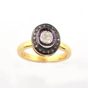 1 PC Pave Diamond Finest Quality Rose Cut Diamond Ring - 925 Sterling Vermeil -Oval Polki RD109