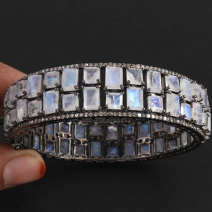 1 Pc Pave Diamond Excellent Designer Blue Flashy Rainbow Moonstone Bangle Bracelet - 925 Sterling Silver -Bangle With Lock -Size: 2.4 BD076