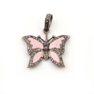1 Pc Pave Diamond Bakelite-Enamel Butterfly Pendant - 925 Sterling Silver & Vermeil 21mmx24mm PD708