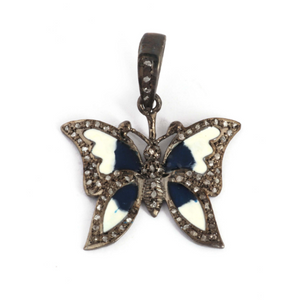 1 Pc Pave Diamond Bakelite-Enamel Butterfly Pendant - 925 Sterling Silver & Vermeil 21mmx24mm PD708