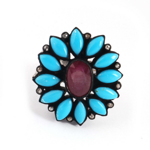 11gm 1 PC Beautiful Pave Diamond Turquoise Ring Center In Ruby - 925 Sterling Silver - Gemstone Ring Size -7.25 RD159