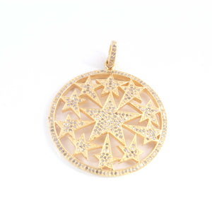 1 Pc Pave Diamond Round With Star Pendant Over 925 Sterling Silver - Yellow Gold -Round Star Pendant 33mmx30mm PD1679