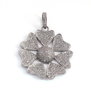 1 Pc Antique Finish Pave Diamond Heart Fower Pendant - 925 Sterling Silver- Necklace Pendant 37mmx34mm PD1528