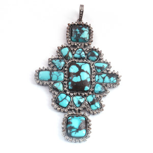 1 Pc Antique Finish Double Cut Diamond With Turquoise Designer Pendant - 925 Sterling Silver - Necklace Pendant 79mmx51mm PD1712