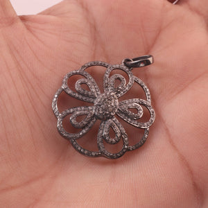 1 Pc Antique Finish Pave Diamond Flower Pendant - 925 Sterling Silver-Diamond Pendant- Necklace Pendant 33mmx29mm PD1758