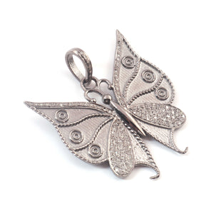1 Pc Antique Finish Pave Diamond Butterfly Pendant - 925 Sterling Silver -Diamond Pendant 38mmx36mm PD1519