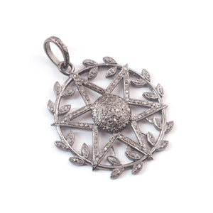 1 Pc Pave Diamond Twig Round Center In Star Pendant Over 925 Sterling Silver- 38mmx35mm PD1165