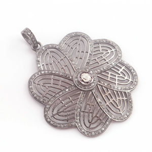 1 Pc Antique Finish Pave Diamond Designer Flower Center in Rose Cut Pendant - 925 Sterling Silver- Necklace Pendant 55mmx50mm PD1363