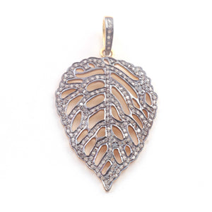 1 Pc Pave Diamond Leaf Pendant - Sterling Vermeil- Diamond Leaf - Necklace Jewelry 42mmx30mm Pd1415
