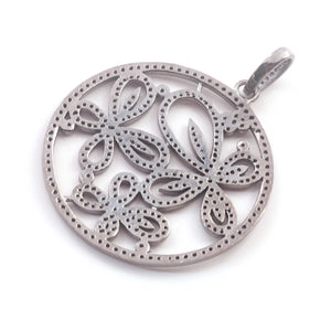 1 Pc Pave Diamond Round Designer Flower Pendant -925 Sterling Silver -Necklace Pendant 38mmx34mm PD1247