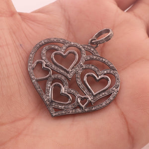 1 Pc Antique Finish Pave Diamond Heart Pendant - 925 Sterling Silver- Love Necklace Pendant 40mmx42mm PD1447