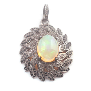 1 Pc Pave Diamond & Black Spinel Center In Ethiopian Opal Pendant - 925 Sterling Silver - Diamond Necklace Pendant 39mmx31mm PD1290