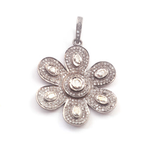 1 Pc Pave Diamond With Rosecut Diamond Flower Pendant Over 925 Sterling Silver & Vermeil - Polki Flower Pendant 38mmx34mm PD746