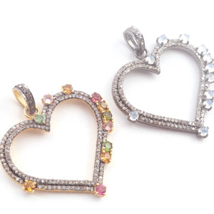 1 Pc Pave Diamond Multi Tourmaline & Moonstone Heart Pendant - 925 Sterling Silver- Vermeil- Love Pendant PD1173