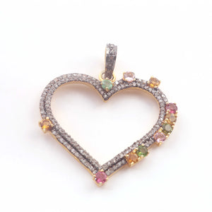 1 Pc Pave Diamond Multi Tourmaline & Moonstone Heart Pendant - 925 Sterling Silver- Vermeil- Love Pendant PD1173